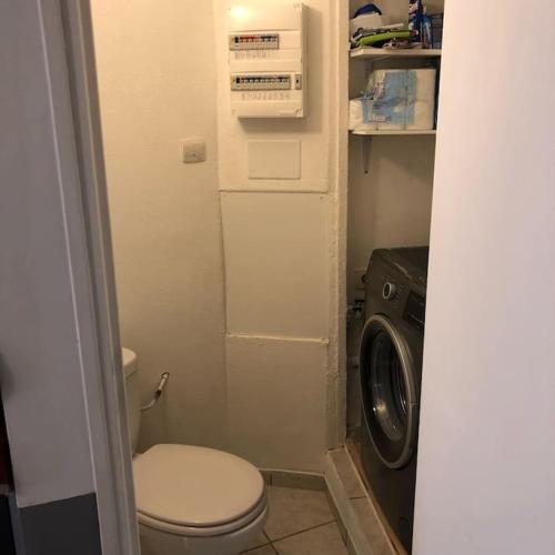 une petite salle de bains avec toilettes et lave-linge. dans l'établissement Coquette maison de village dans village typique,, à Lapalme