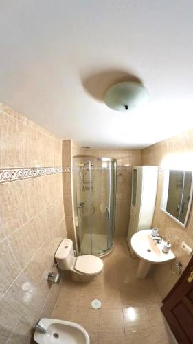 a bathroom with a shower and a toilet and a sink at Apartamento Playa de La Atalaya in Ribadesella