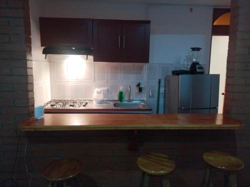 a kitchen with a counter and a sink and a refrigerator at Samor centro histórico Bogota in Bogotá