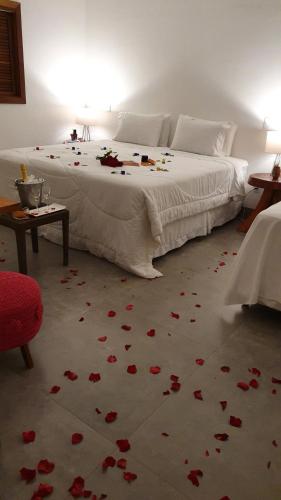 a bedroom with a bed with roses on the floor at Pousada Vila Santa Maria in Pirenópolis
