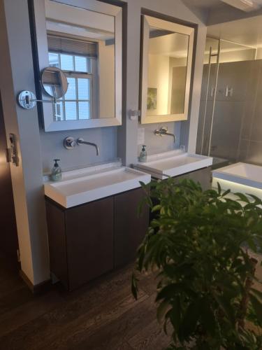 een badkamer met 2 wastafels en 2 spiegels bij Hotel Oldenburg in Zwolle