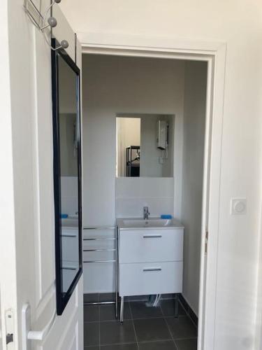 une salle de bain avec un lavabo et un miroir dans l'établissement Bel appartement T1 30m2 centre historique Aubagne, à Aubagne