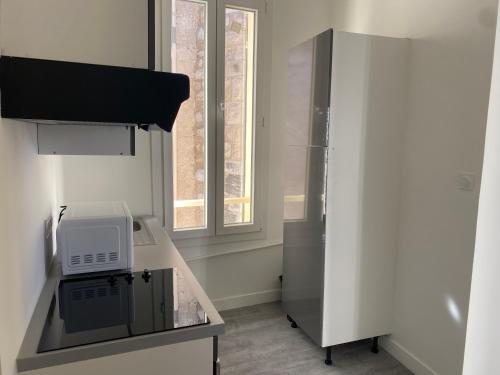 une cuisine avec un évier et un micro-ondes sur un comptoir dans l'établissement Bel appartement T1 30m2 centre historique Aubagne, à Aubagne