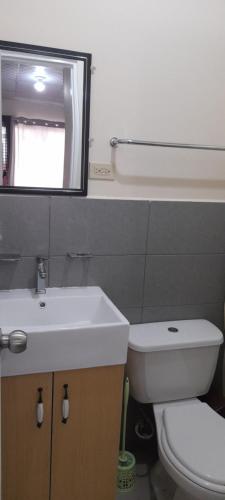 a bathroom with a sink and a toilet and a mirror at sweet Home alto Boquete in Tortuga