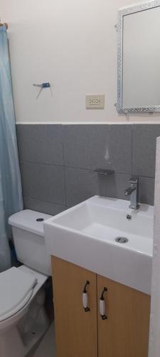 ein Badezimmer mit einem weißen Waschbecken und einem WC in der Unterkunft sweet Home alto Boquete 