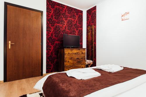 a bedroom with a bed with a tv and a door at Guesthouse Viktoria Pensiune in Praid