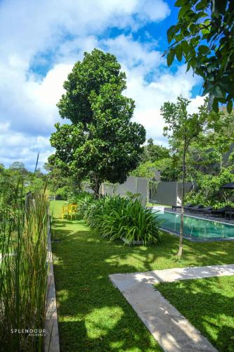 a garden with a swimming pool and a tree at Splendour Residence in Balapitiya