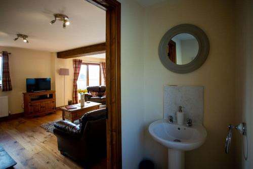 a living room with a sink and a mirror at Pentre Fawr in Llanddewi Ystradenny