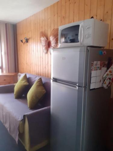 Elle comprend un réfrigérateur et un canapé avec un four micro-ondes. dans l'établissement Joli studio proche des telecabines, à Uvernet