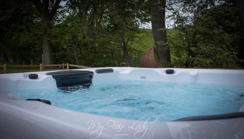 a hot tub with blue water in a backyard at The Prancing Pony in Llanrhaeadr-ym-Mochnant