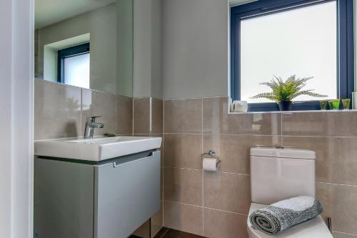 a bathroom with a sink and a toilet and a window at Luxury property with access into Spa on a nature reserve Beaumont Village 5 BV05 in Warmwell