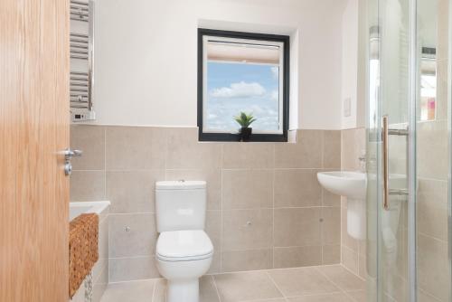 een badkamer met een toilet, een wastafel en een raam bij Lakeside property with spa access on a nature reserve Sand Martin BV07 in Warmwell