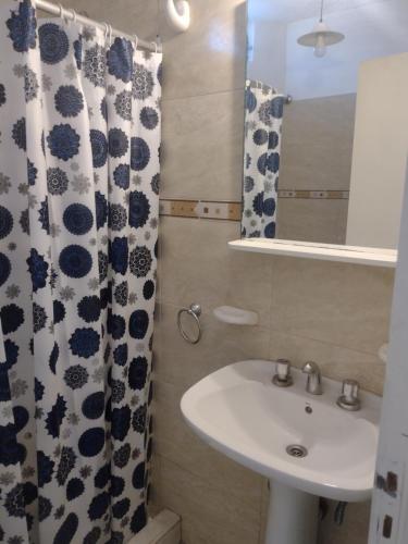 baño con lavabo y cortina de ducha en La Candida en Tunuyán