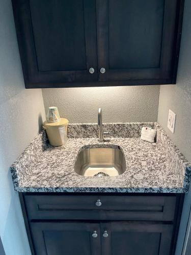 a bathroom counter with a sink and a toilet at Lake Norfork Resort in Henderson