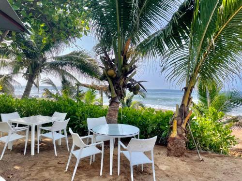 a table and chairs and a palm tree on the beach at Quinta Feliz Troncones in Troncones