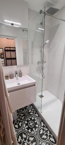 une salle de bain blanche avec un lavabo et une douche dans l'établissement Appartement deux chambres - Garibaldi, à Lyon