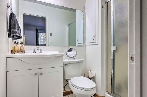 La salle de bains est pourvue de toilettes, d'un lavabo et d'une douche. dans l'établissement Tuolumne Hideaway with Game Room and Mtn Views!, à Tuolumne