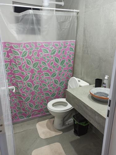W łazience znajduje się różowa zasłona prysznicową i toaleta. w obiekcie Casa em Ubatuba. w mieście Ubatuba