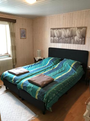 una camera da letto con un grande letto e un piumone blu di Beau-sejour a Francorchamps