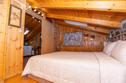 a bedroom with a large bed in a room with wooden walls at Villa Galateia in Dhafnés