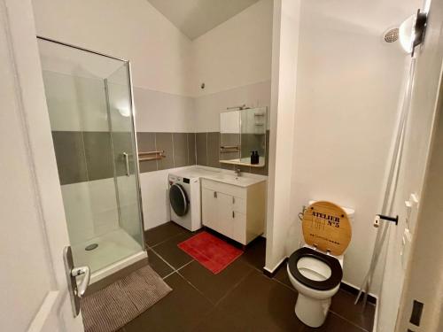 a bathroom with a shower and a toilet and a sink at Appartement OTP2 de standing proche plage et lagon in La Saline les Bains
