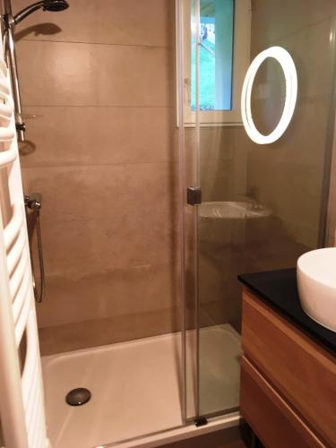 une salle de bain avec douche et lavabo dans l'établissement Appartement au pied des pistes, à Saint-Lary-Soulan