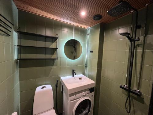 a bathroom with a washing machine and a sink at Northern Lights Center Apartment 2 in Rovaniemi