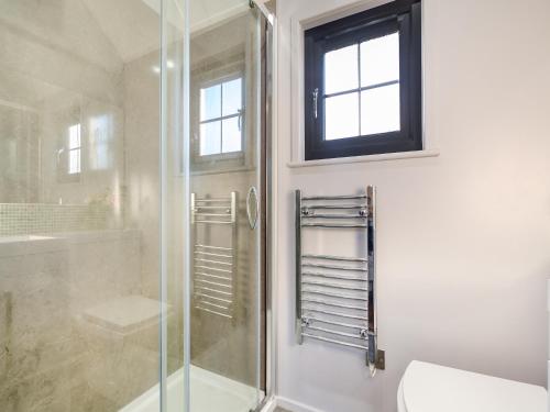 a bathroom with a shower and a toilet and a window at The Retreat - Ukc5913 in Bangor-is-y-coed