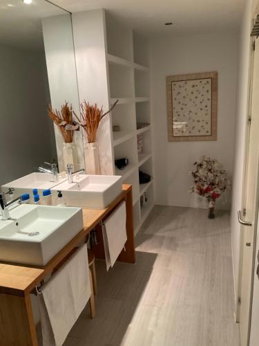 a bathroom with two sinks and a large mirror at Habitación y baño en planta independiente en centro de sevilla in Seville