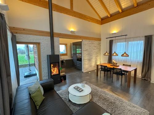 a living room with a couch and a fireplace at Gästehaus myHideaway in Reichenbach