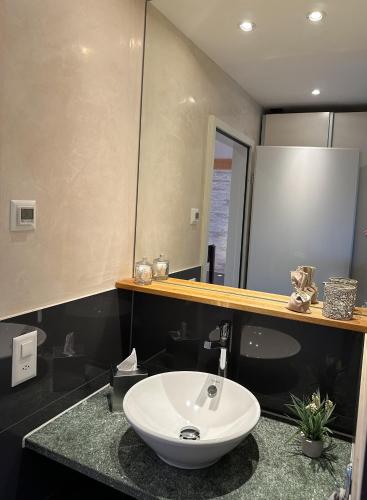 a bathroom with a white sink and a mirror at Gästehaus myHideaway in Reichenbach