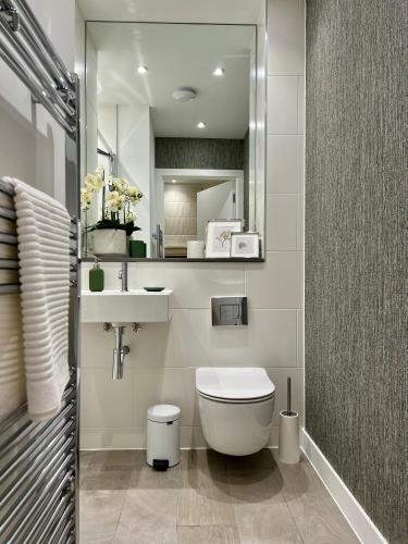 a bathroom with a toilet and a sink at Cosy, modern 1-bed apartment in Bath's iconic centre in Bath