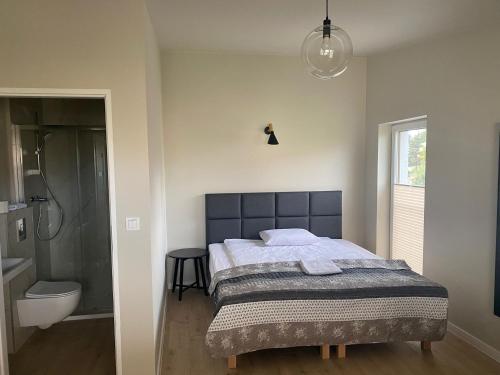ein Schlafzimmer mit einem Bett, einer Dusche und einem WC in der Unterkunft Pokoje Nadrzeczna in Augustów