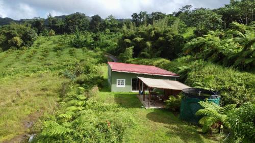 une petite maison au milieu d'un champ dans l'établissement Chambre Roucou vue Mont Pelée, à Le Morne Rouge