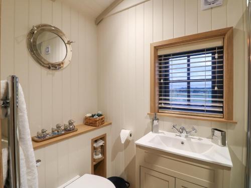 ein Badezimmer mit einem Waschbecken, einem Spiegel und einem WC in der Unterkunft Lillie's Shepherds Hut in Nottingham