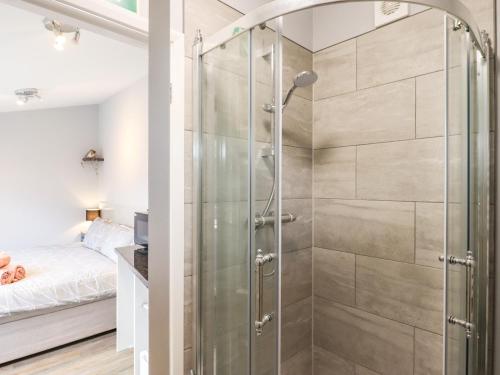 a shower with a glass door in a bedroom at The Park Inn Piggery in Newton Abbot