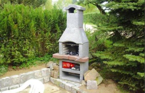 an outdoor oven is sitting in a garden at Ferienhaus-Zum-Eichkater-am-Duemmer-See 