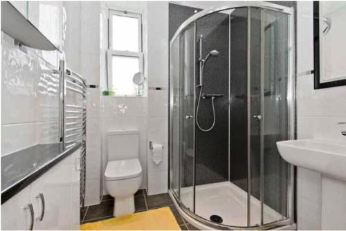 a bathroom with a shower and a toilet and a sink at Lovely property in Central Broughty Ferry, Dundee in Broughty Ferry