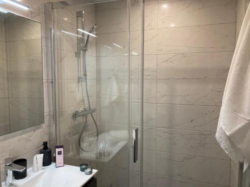 a bathroom with a shower with a sink and a toilet at Strasbourg «La source de ValAuRa » De l’Eau à l’Or in Strasbourg