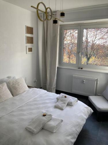 a bedroom with a white bed with two towels on it at Strasbourg «La source de ValAuRa » De l’Eau à l’Or in Strasbourg