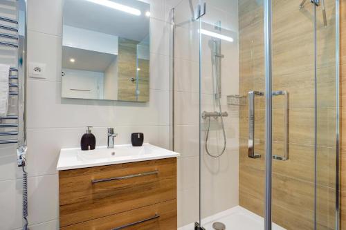 un bagno con lavandino e doccia di Apartmán Kryštof - Jáchymov a Jáchymov