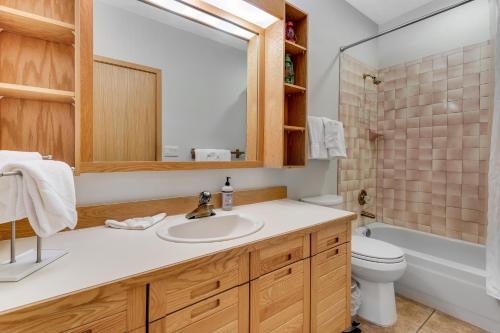 een badkamer met een wastafel, een toilet en een spiegel bij Timber Ridge Retreat in Silverthorne
