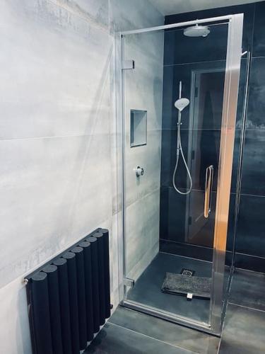 a shower with a glass door in a bathroom at 2 Bed fully furnished apartment in Cookstown