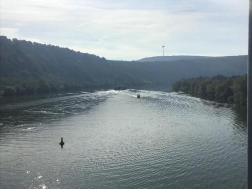 Un río con dos barcos en el agua en Doppelzimmer mit Terrasse zum Garten, ruhig, Weinbergsblick, zusätzliches Kinderzimmer anbei möglich, en Winningen