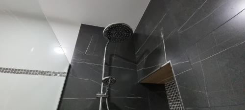 a shower in a bathroom with a black wall at Vivienda Turística Playa El Portil in El Portil