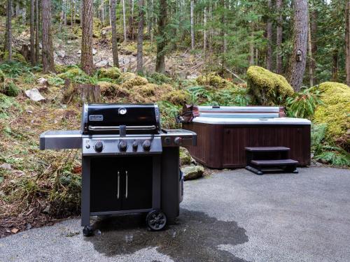 a grill and a hot tub in the woods at ArborMyst in Glacier