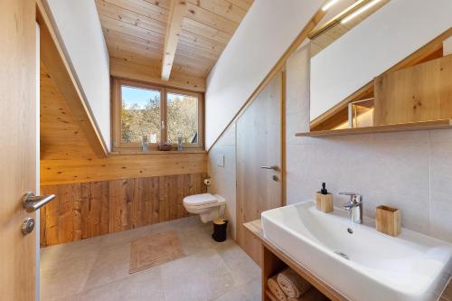 a bathroom with a sink and a toilet and a window at Töniglerhof Apt Morgensonne in Trodena