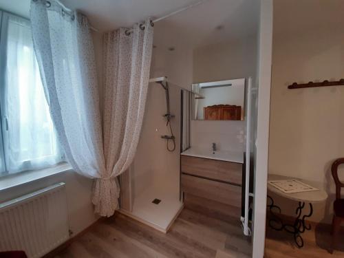 a bathroom with a curtain and a window at le Plain Pied sur place in Le Mêle-sur-Sarthe