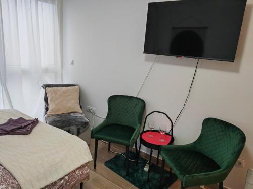 a bedroom with two chairs and a tv on the wall at Divčibare Jezero apartman 25 in Divčibare