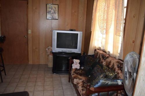 a living room with a couch and a tv at Maggie's Guest House/10 Min Walk to City- Certified in Branns Hamlet